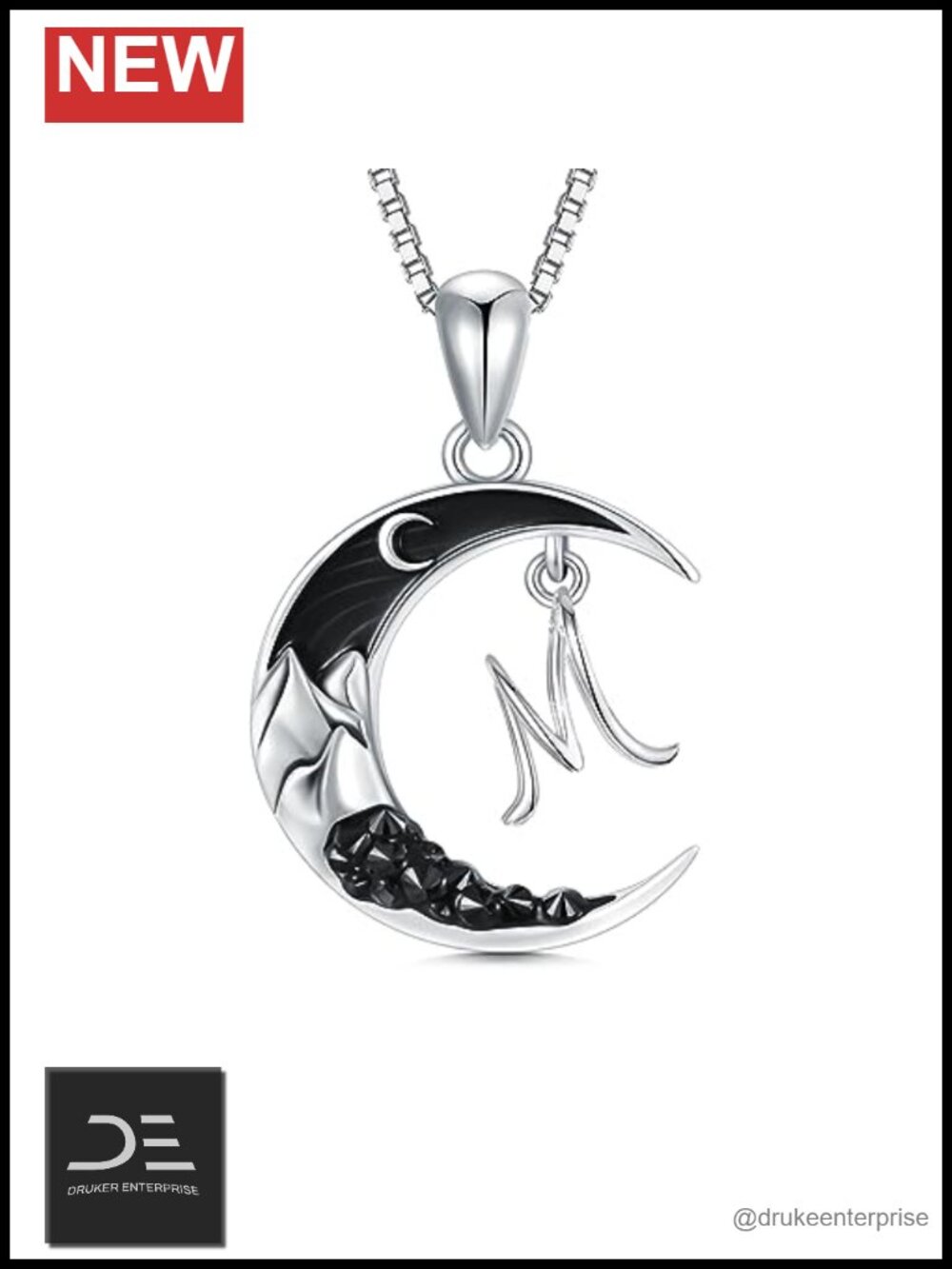 Sterling Silver A-Z Initial Pendant Necklace with Cubic Zirconia Crescent Moon